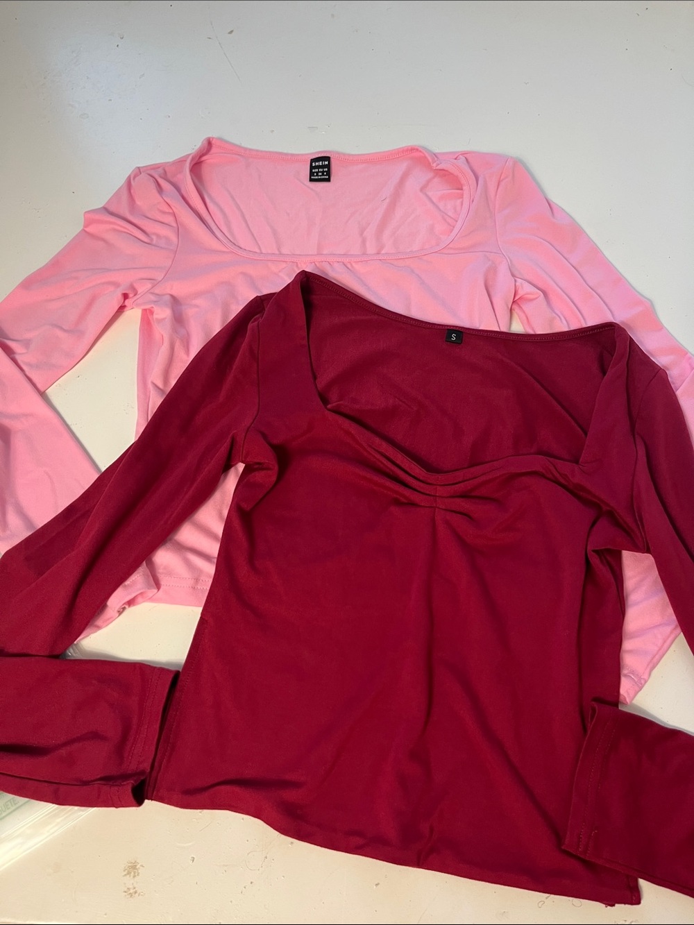 Set of 2 SHEIN Small Long Sleeve Square Neck Burgundy Pink Blouse Bundle